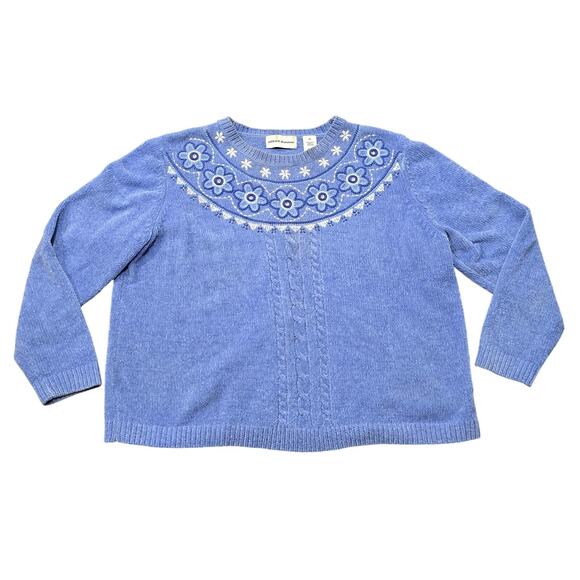 Alfred Dunner Blue Floral Crew Neck Formal Sweater - Picture 1 of 7